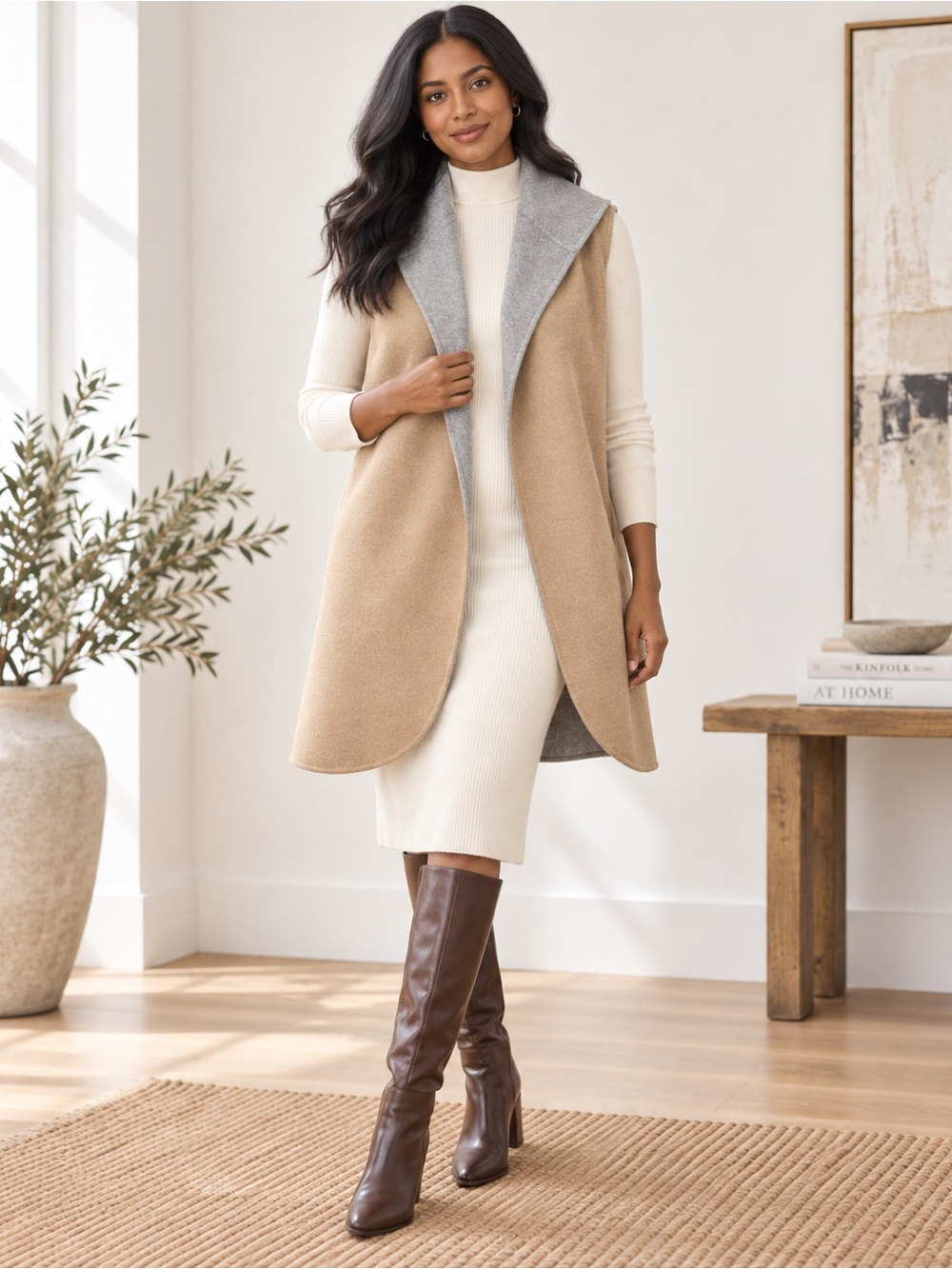 Talbots Reversible Wool Blend Longline Vest Camel Grey Size M
